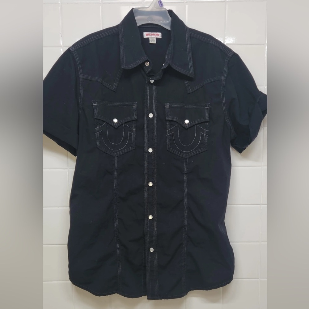 True Religion Big T Western Shirt Black Contrast Stitch Snap Button SS Sz Medium - Picture 6 of 6